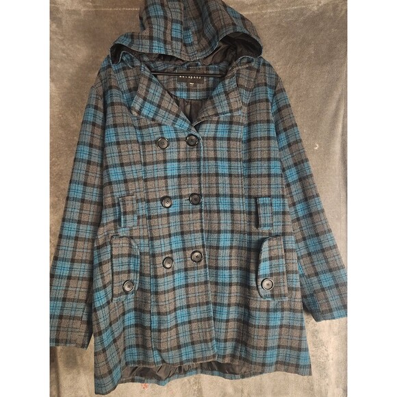 Metaphor Women’s XL Plaid Hooded Peacoat Wool Blend Double Breasted Belted - Picture 7 of 13